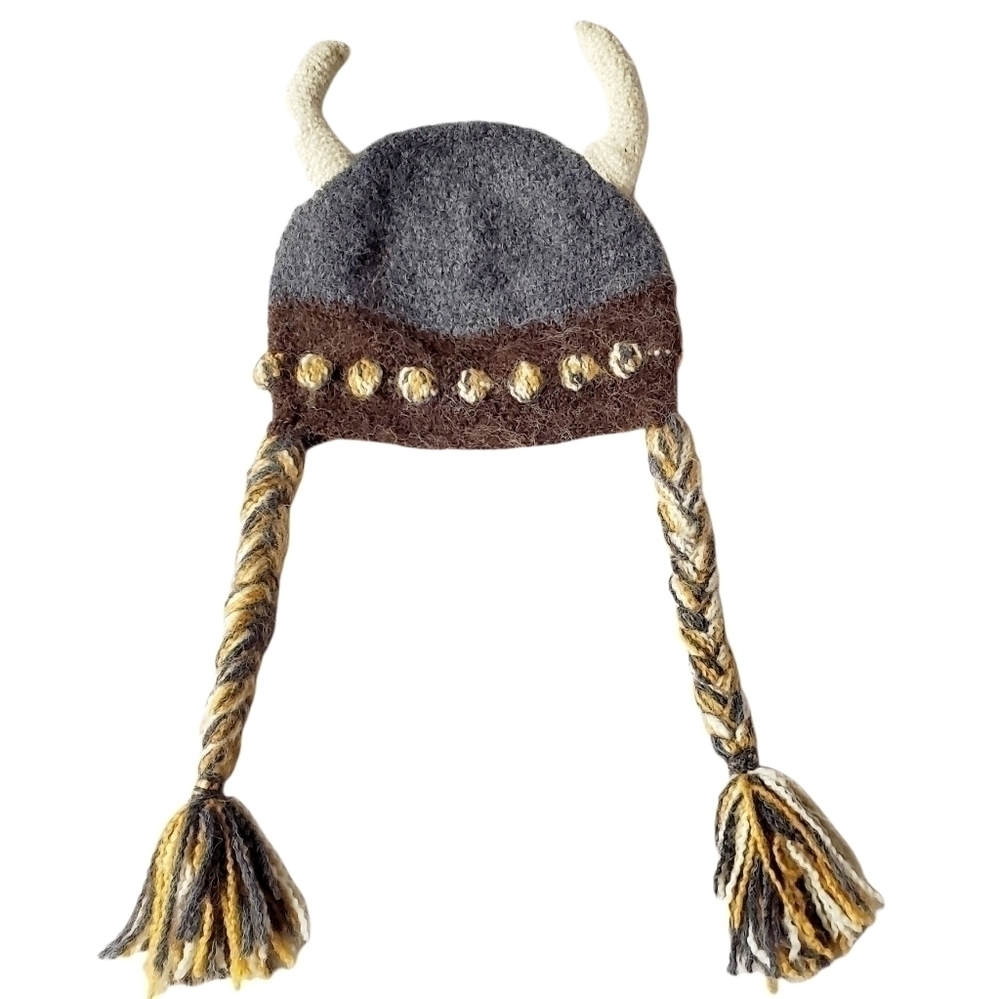 Hand Knit Viking Hat with Horns & Braids